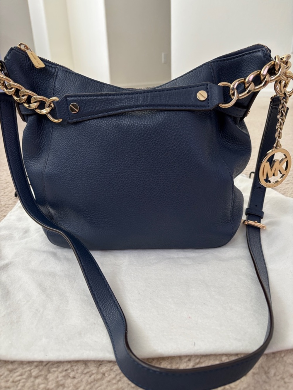 Michael Kors Navy Leather Shoulder Hobo with Gold Chain Trim
